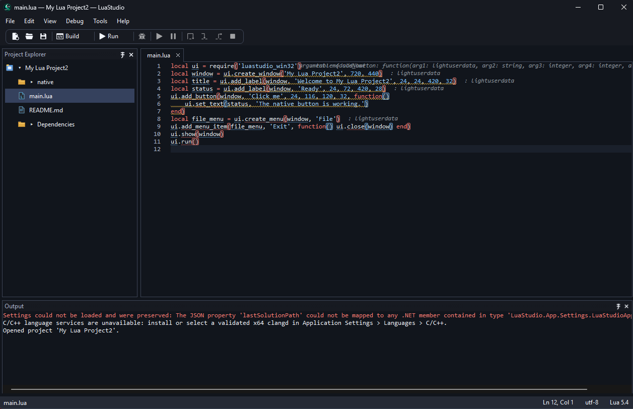 LuaStudio project workspace with project explorer and Lua source code.