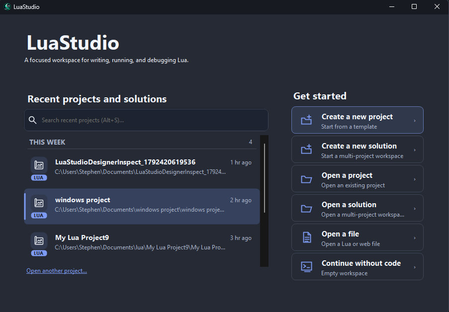 LuaStudio start screen showing recent projects and options to create or open a project.