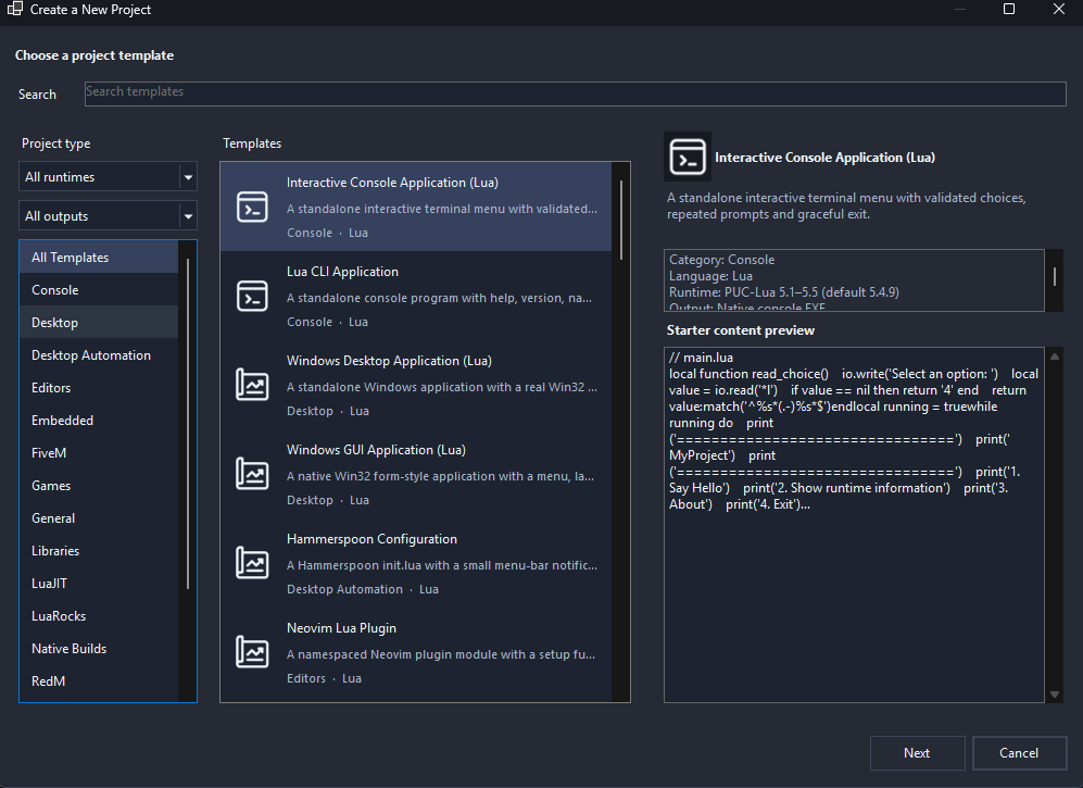 LuaStudio new project template chooser with categories and starter previews.